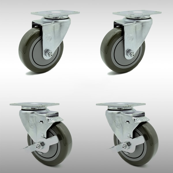 4 Inch SS Gray Polyurethane Swivel Top Plate Caster Set with 2 Brakes SCC